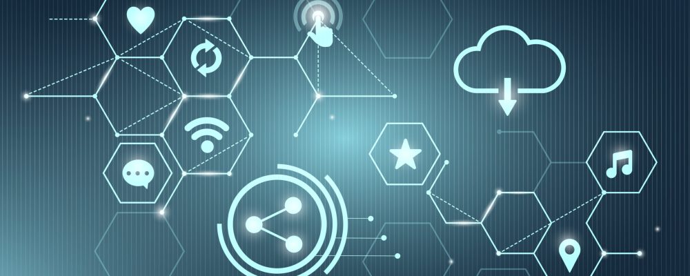 Blue social network technology icons background vector