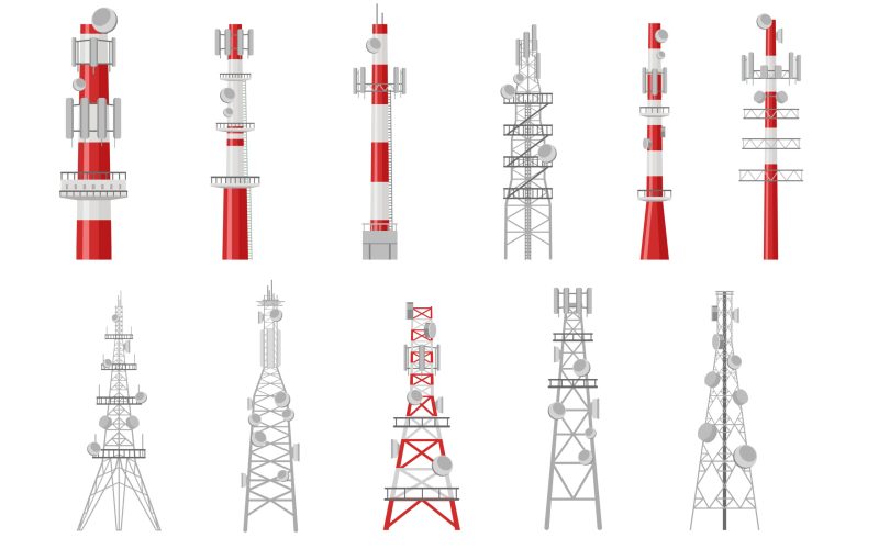 Set of cartoon radio towers vector illustration. Broadcast equipment representing telecommunication masts and wireless stations transmitting satellite signal. Communication, global technology concept