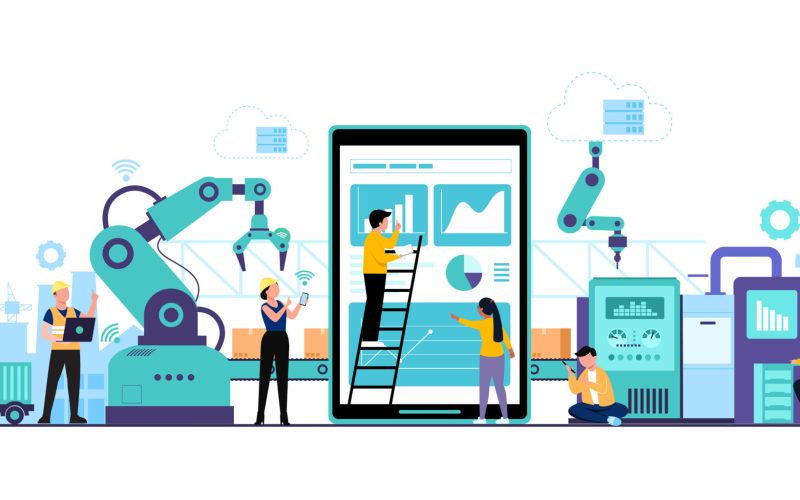 Smart Factory and working person using wireless technology to control. For workflow With clever device. infographic of industry 4.0 concept. Vector illustration